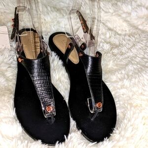 L'Agence Flat T-Strap Black Slingback Alligator Summer Sandals